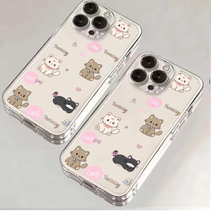Cute Cartoon Cat Clear Phone Case, Kawaii Kitten Doodle Transparent Protective Cover for iPhone