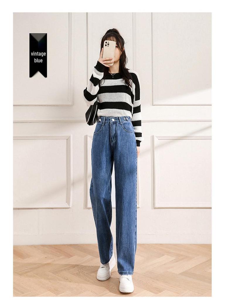 Women's High-Waist Adjustable Multi-Button Wide-Leg Jeans - Loose, Drapey, Slimming, Autumn Pants