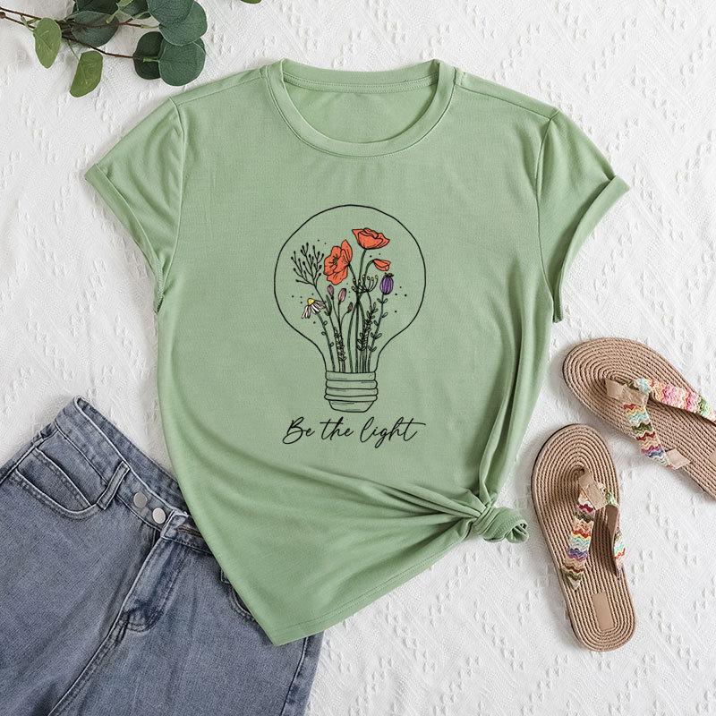 Summer Women's Fashionable Light Bulb Short Sleeved Casual Loose Cotton Round Neck Top