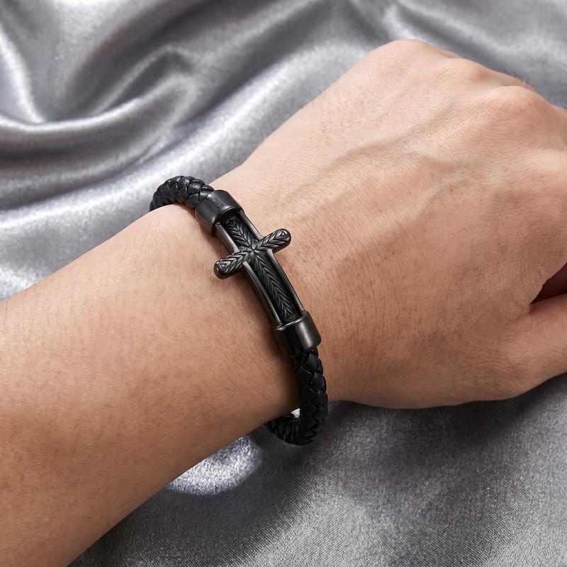 Mens Genuine Leather Bracelet Stainless Steel Wheat Cross Charm Braided Leather Bracelets Religious Christian Jewelry for Men
