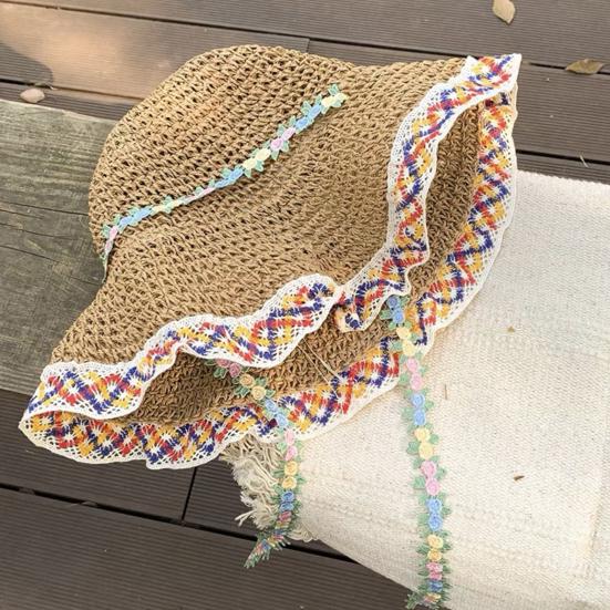 Women Handmade Straw Hat Embroidered Floral Chin Strap Sun Protection Hat Wide Brim Summer Beach Travel Hat