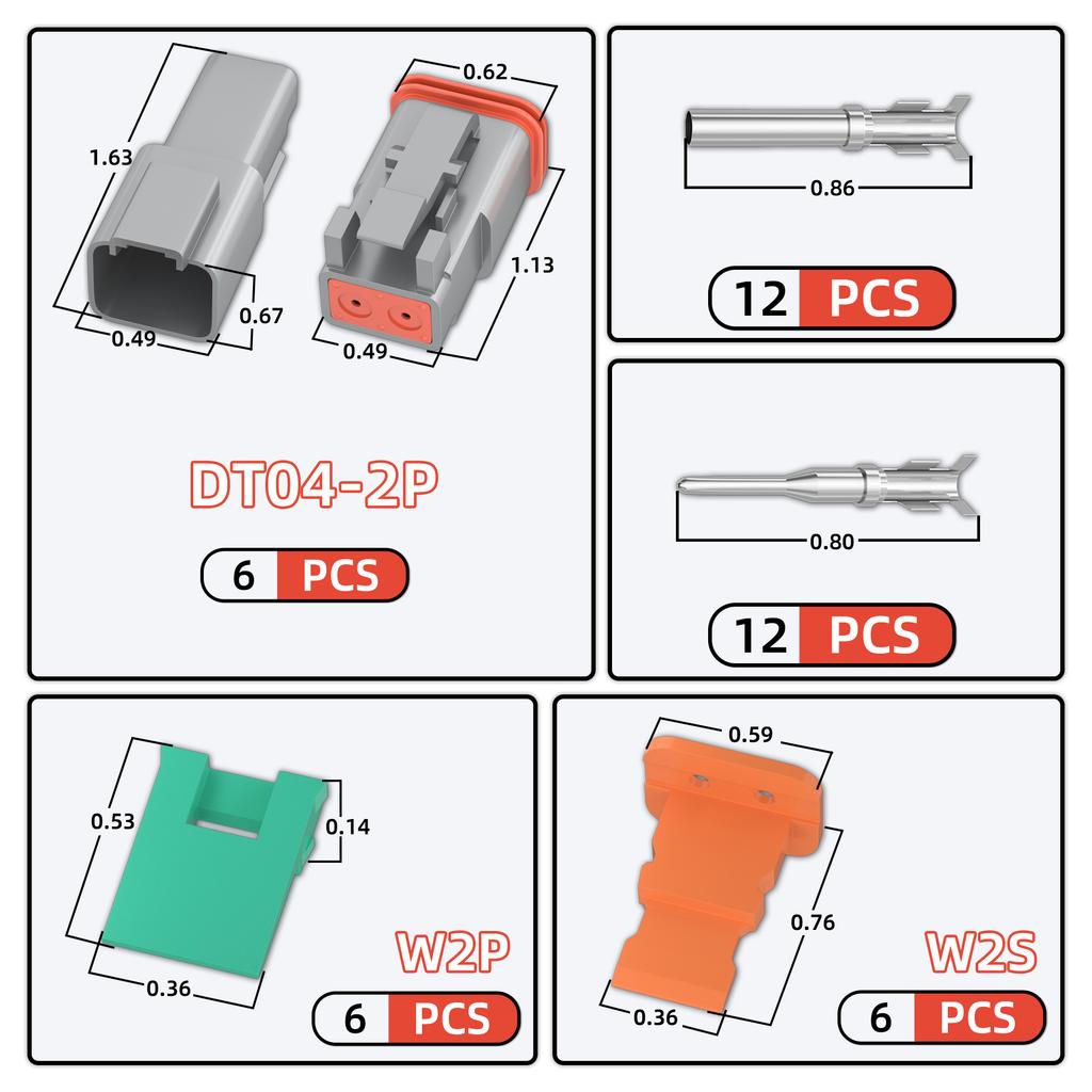 6 Sets Deutsch 2 Pin DT Connector DT04-2P DT06-2S Gray Waterproof Electrical Wire Connector with Solid Contacts 14-20AWG