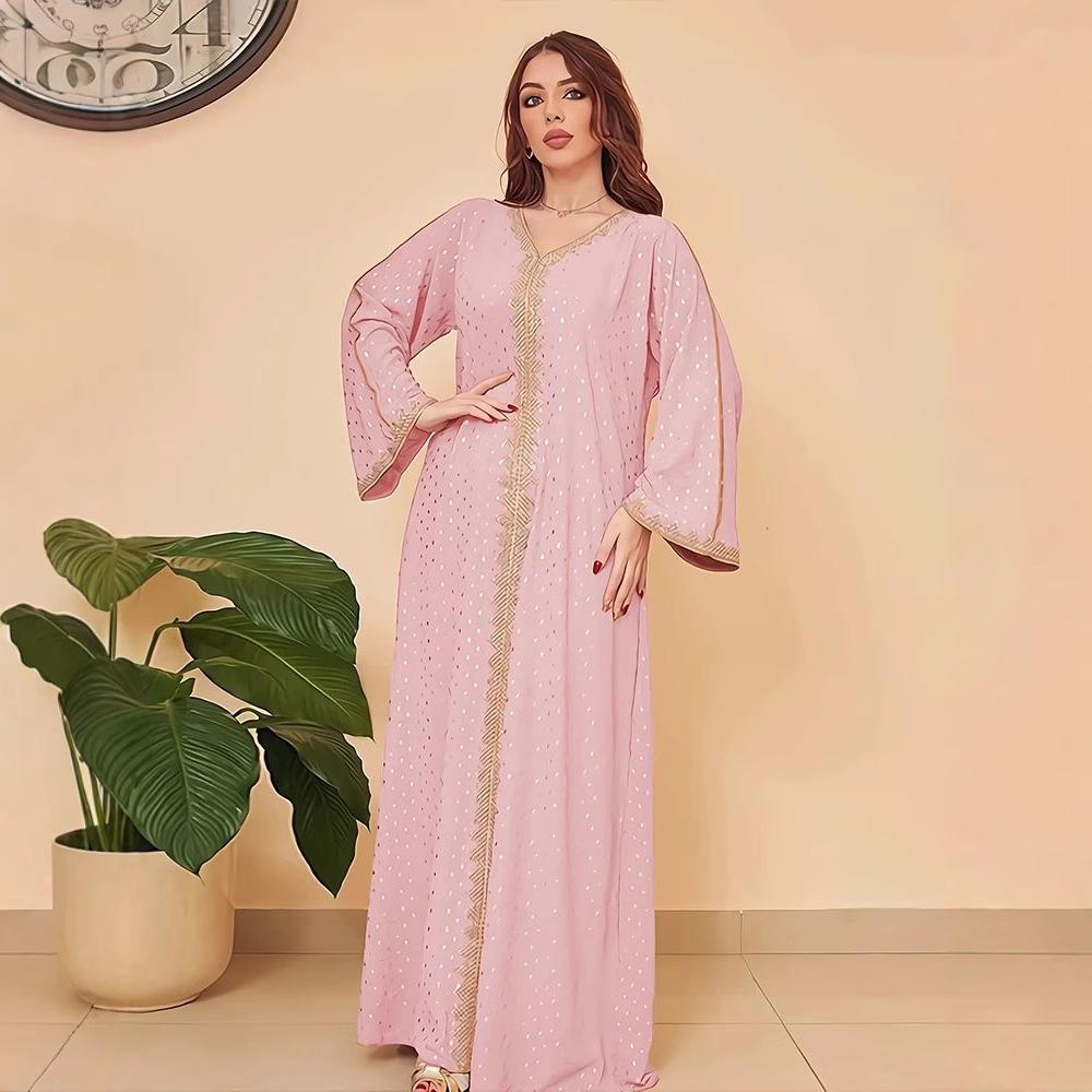 Elegant 2025 Dubai Dress: Gold Stamped Robe for Women from Middle East, Indonesia, Turkey