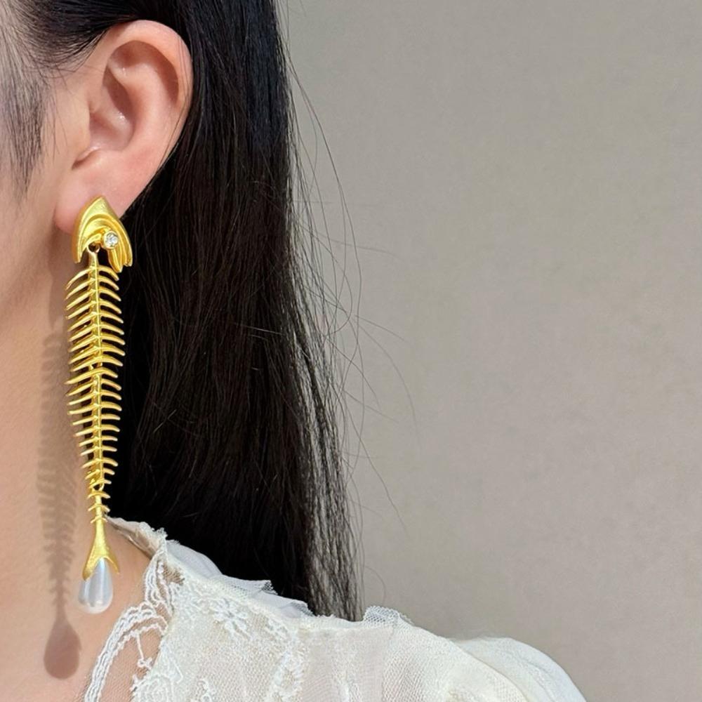 Kreative Persönlichkeit Inlay Zirkon Fischgräten Perlen Anhänger Hängeohrringe für Damen Retro Übertrieben Piercing Schmuck Zubehör