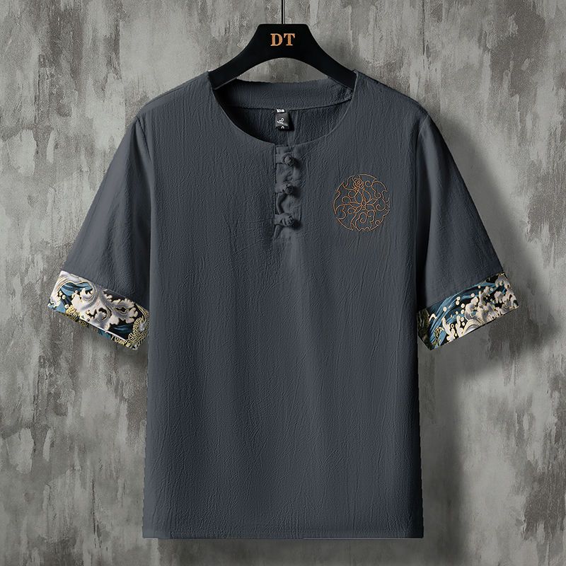Lockeres Herren-Leinen-T-Shirt Kurzarm Bestickt Baumwoll-Leinen Oberteil Modisches Sommer Hanfu Stil Freizeithemd