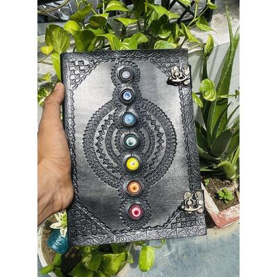 Handcrafted Seven Chakra Stone Leather Journal  Unique Grimoire Notebook  Perfect for Anniversaries or Christmas Gifts
