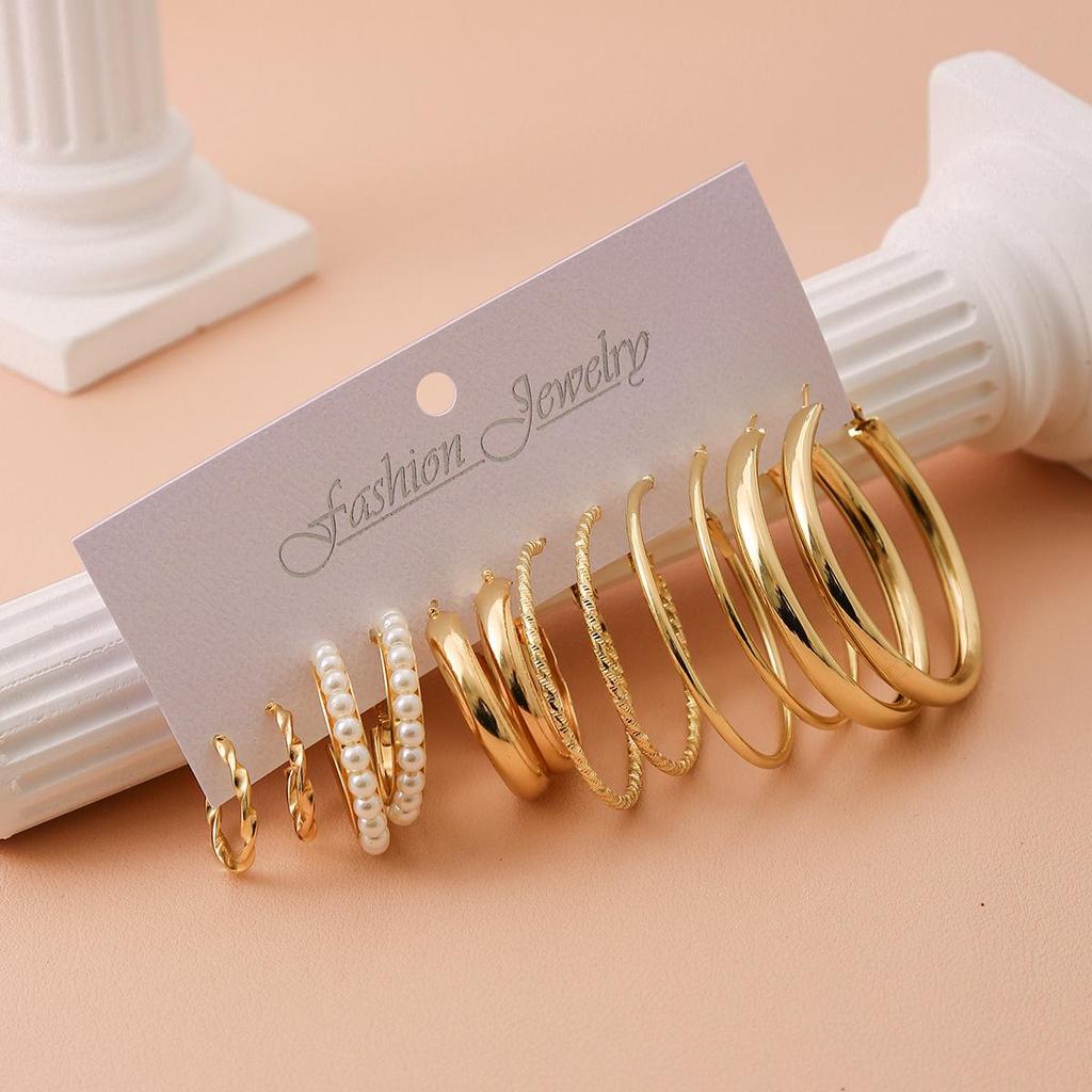 Retro European Geometric Earrings Set - 6-Piece High-End Luxury Ear Cuffs for Women