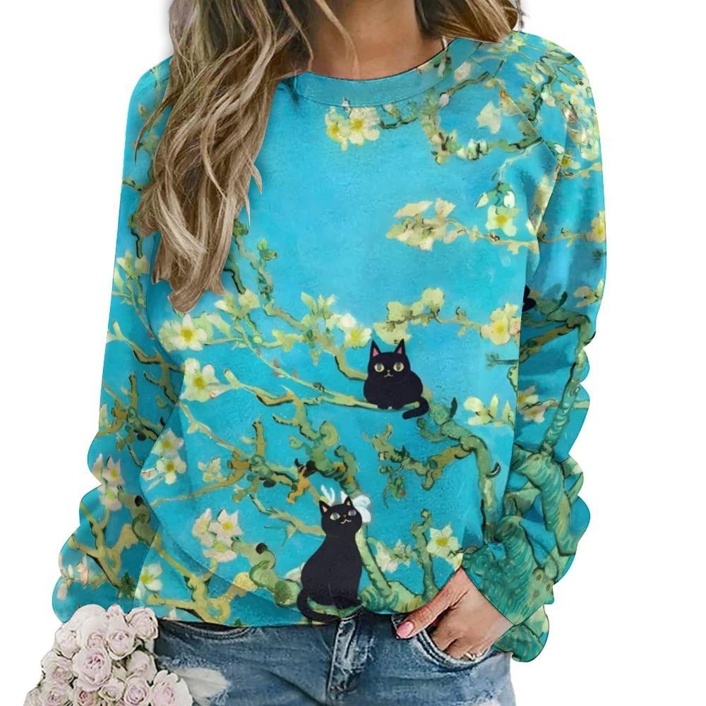 Cute Cat Floral Sweatshirts Flower 3D Print Women New O-Neck Hoodies Casual Streetwear Y2k Pullovers Harajuku Top Woman Clothing