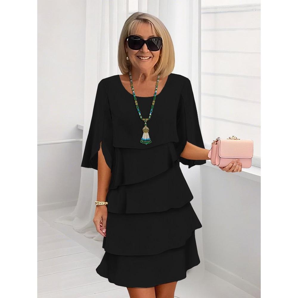 Nowa Moda Wiosna i Lato Jednolity Kolor Okrągły Dekolt Sukienka Tortowa Kratkowana Sukienka Odzież Damska