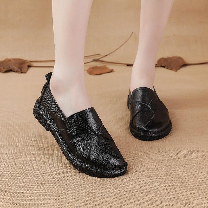 New Flat Women's Shoes Genuine Leather Casual Color-blocking Women's Singles Shoes Middle Mother's Shoes Large Size Shoes