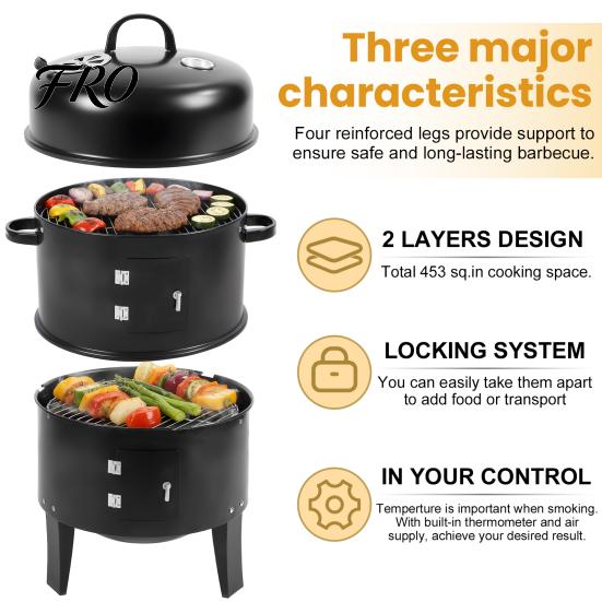 Outdoor Grill 16 Inch Charcoal Stove, 3 In 1 Vertical BBQ with Built-In Thermometer, Double Tier Stove Adjustable Vent System, Heavy Duty Barbecue