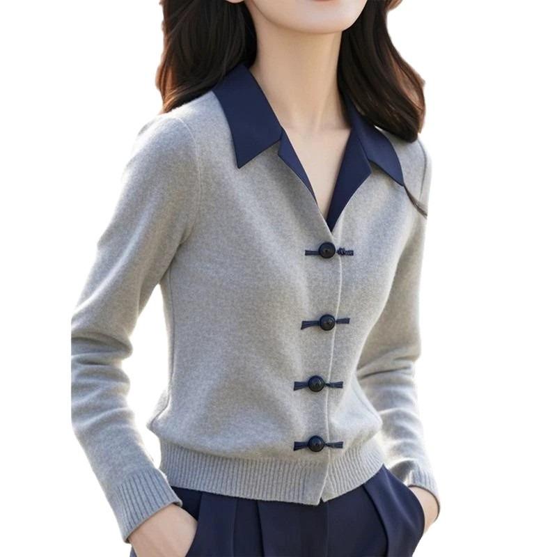 Gray Olo Neck Knitted Sweater Top Autumn and Winter New Women's Small Short Fake Two-piece Cardigan