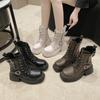 Fashion Cool British Style Lace-up Boots for Women Autumn New Style Thick Heel Thick Sole Belt Buckle Front Lace Up Leather Short Boots