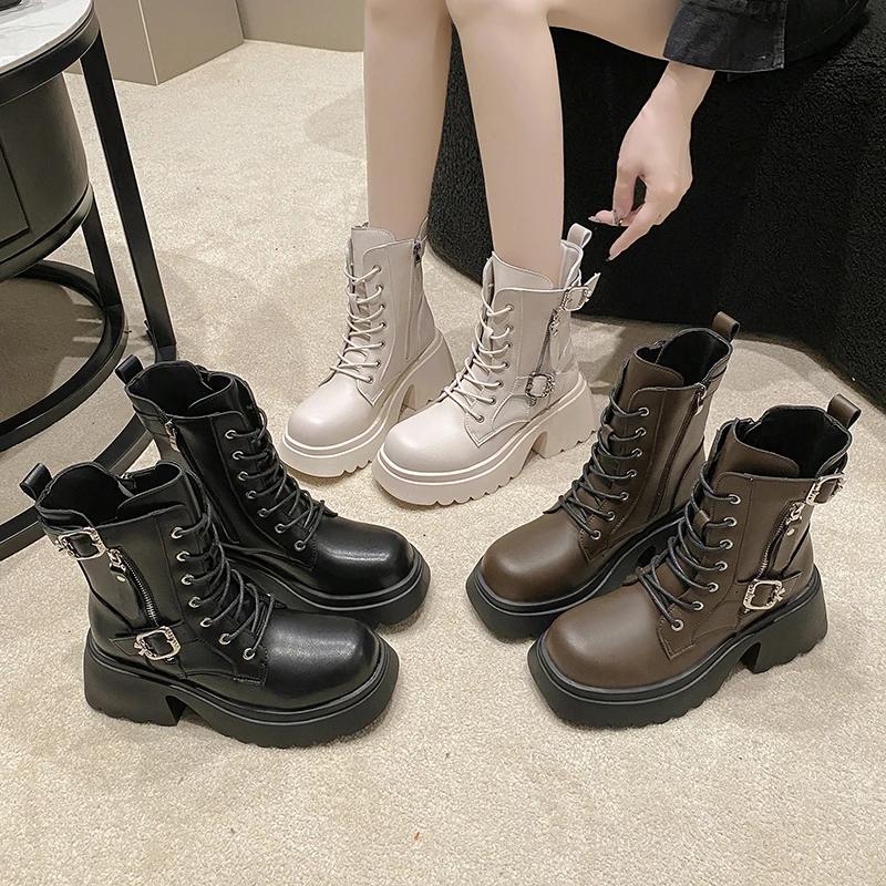 Fashion Cool British Style Lace-up Boots for Women Autumn New Style Thick Heel Thick Sole Belt Buckle Front Lace Up Leather Short Boots