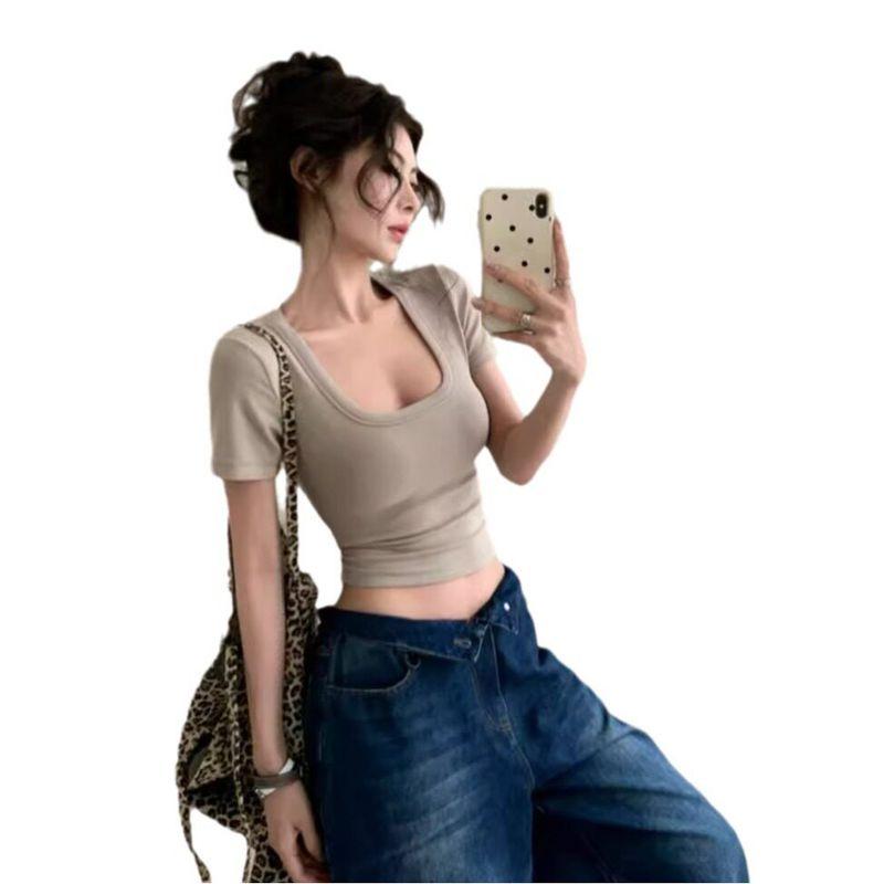 Summer Simple Basic Style Slim-Fit Low U-Neck Short-Sleeve T-Shirt for Women, Sexy Crop Top