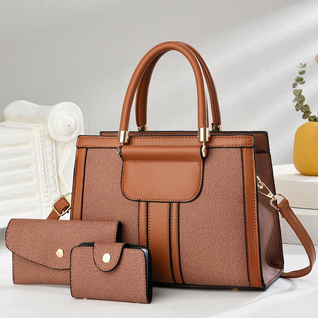New High Appearance Horizontal Splicing Bag Three-piece Canvas Texture Handbag Leisure Large Capacity Single Shoulder Crossbody Bag