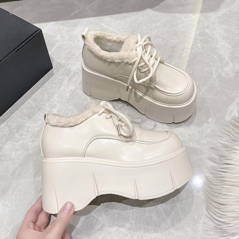 Fashion Women Warm Fur Snow Boots Winter Soft Leather Motorcycle Short Boots High Platform 9CM Ladies Chunky Plush Sneakers Botas Mujer