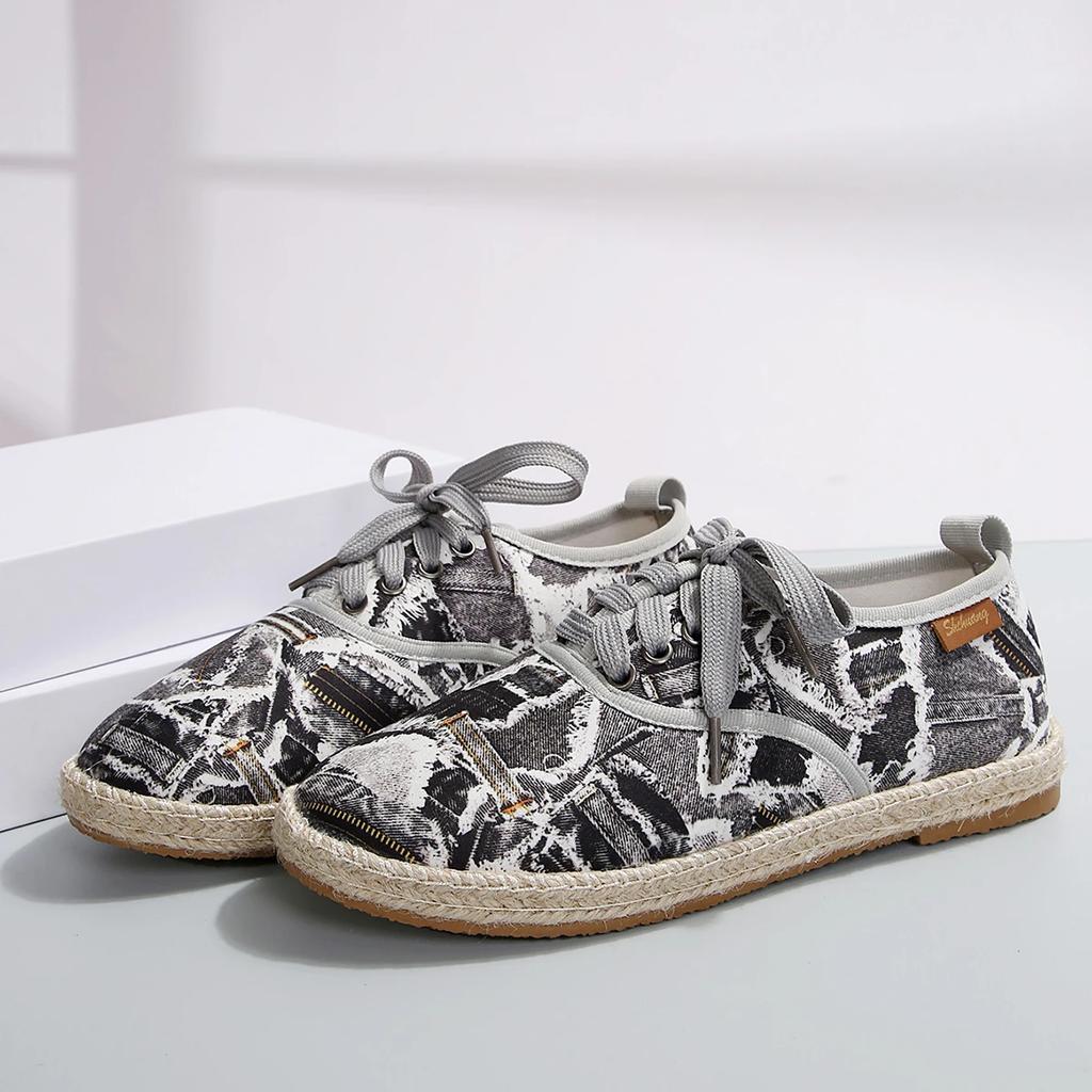 Breathable Linen Casual Flat Shoes Woman Espadrilles Loafers Ladies Comfy Houndstooth Print Canvas Zapatos Soft Driving Footwear