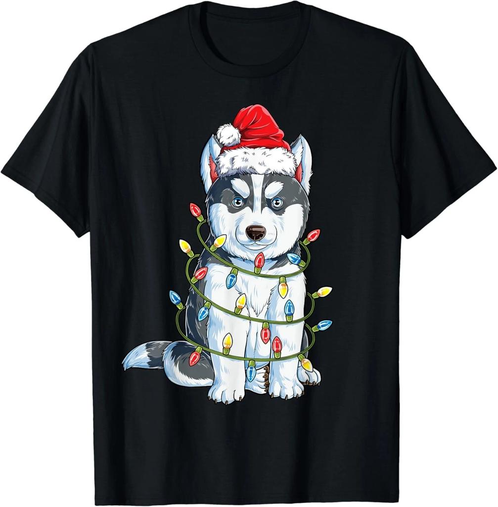 Siberian Husky Santa Christmas Tree Lights Xmas Boys Dog Gift Unisex T-Shirt