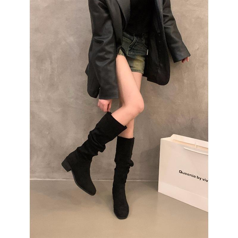 High-heeled boots Square head medium tube knight boots women's shoes 2025 new spring, autumn and winter stacking boots Long tube long boots
