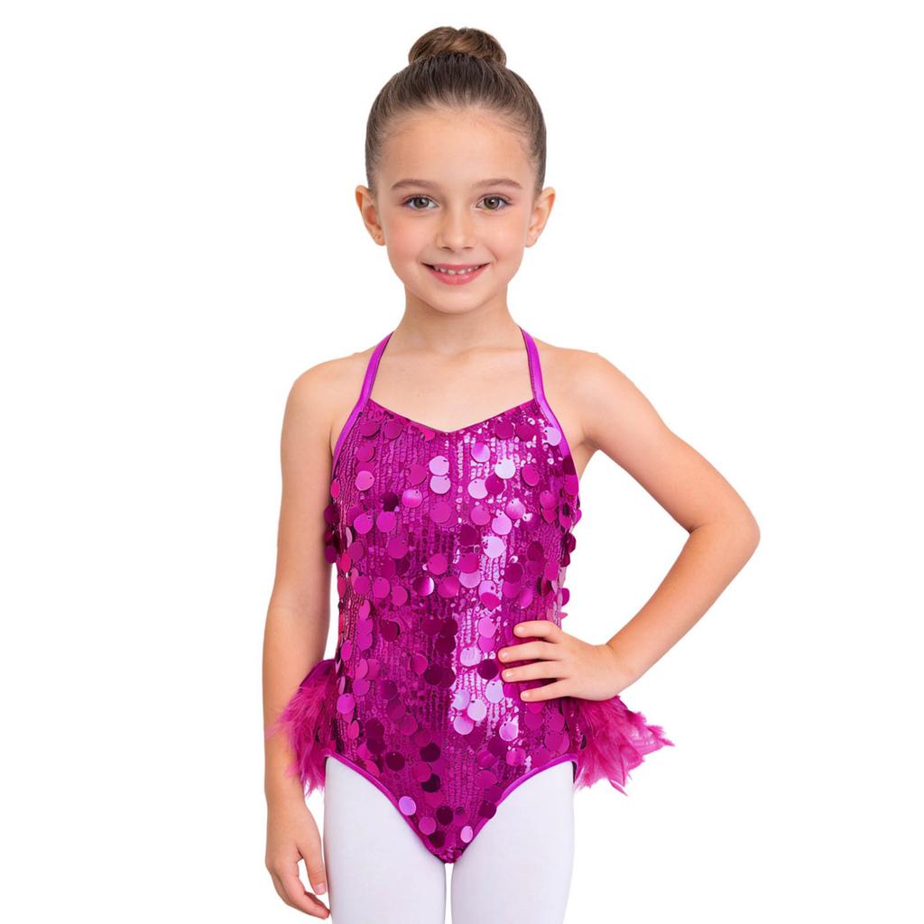 Kids Girls Dance Performance Costume Sleeveless Side Invisible Zipper Back Mesh Patchwork Feather Glittery Sequin Leotard