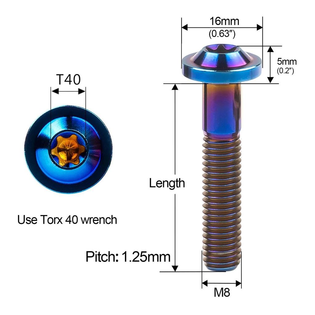 4PCS Titanium Bolts M8x10 15 20 25 30 35 40 50 60 70mm Torx