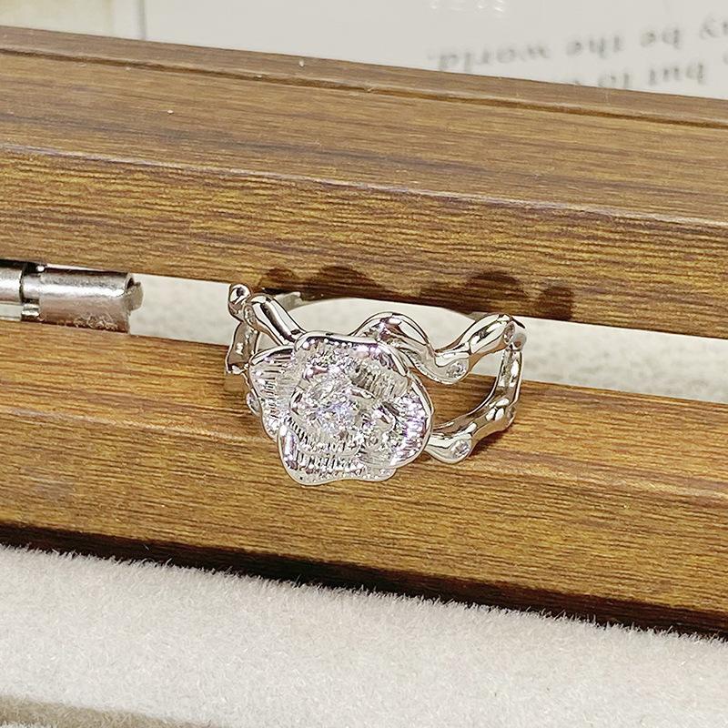 Medieval Vintage Camellia Brushed Open Ring French Row Diamond Zircon Light Luxury High-End Flower Ring Adjustable opening