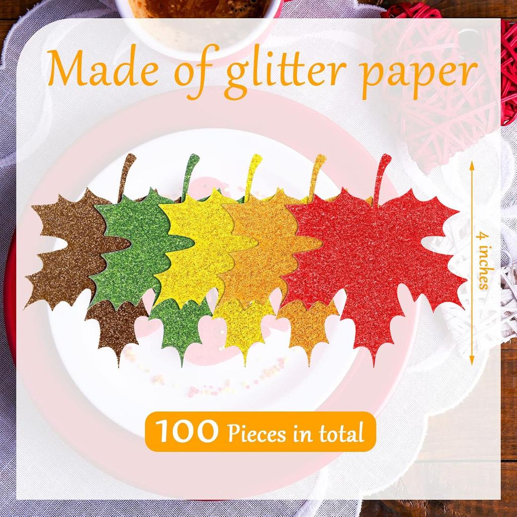 Demissle Thanksgiving Fall Leaves Bulletin Board Decorations Leaf Cutouts Glitter Maple with Adhesive Dots for Bulletin Board Classroom Decor(100