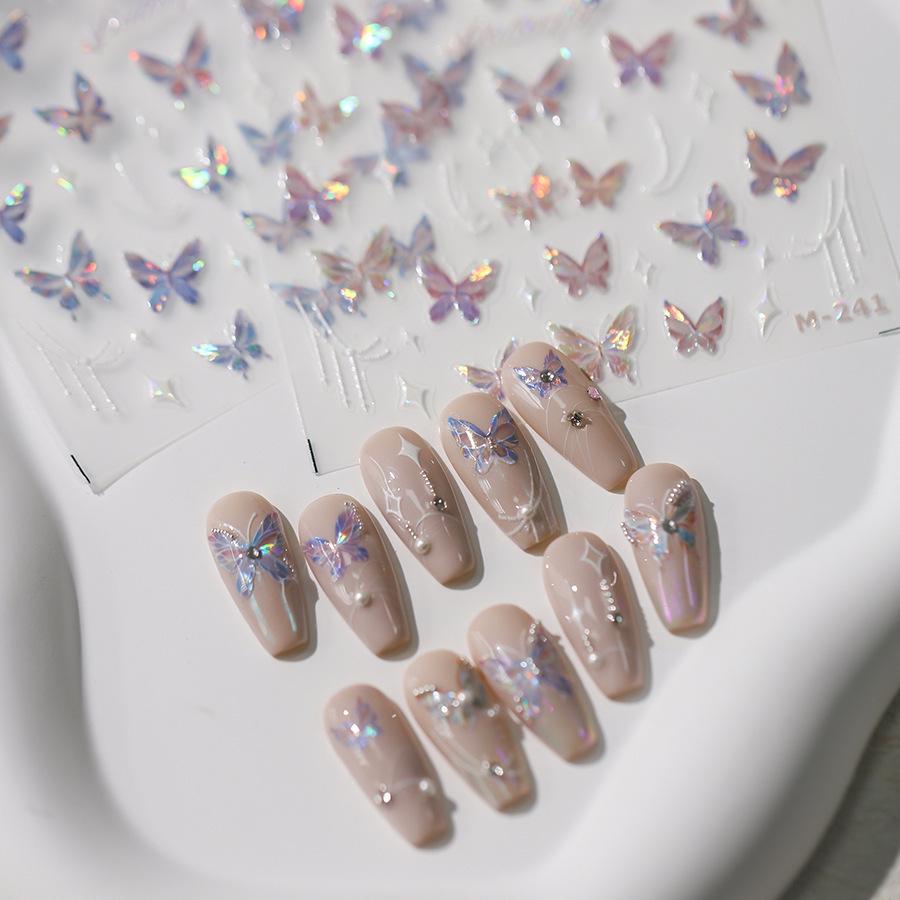 Aurora Butterfly 3D Nail Stickers: Embossed, Hot Stamping, Crushed Glass, Frosted Self-Adhesive Decorations