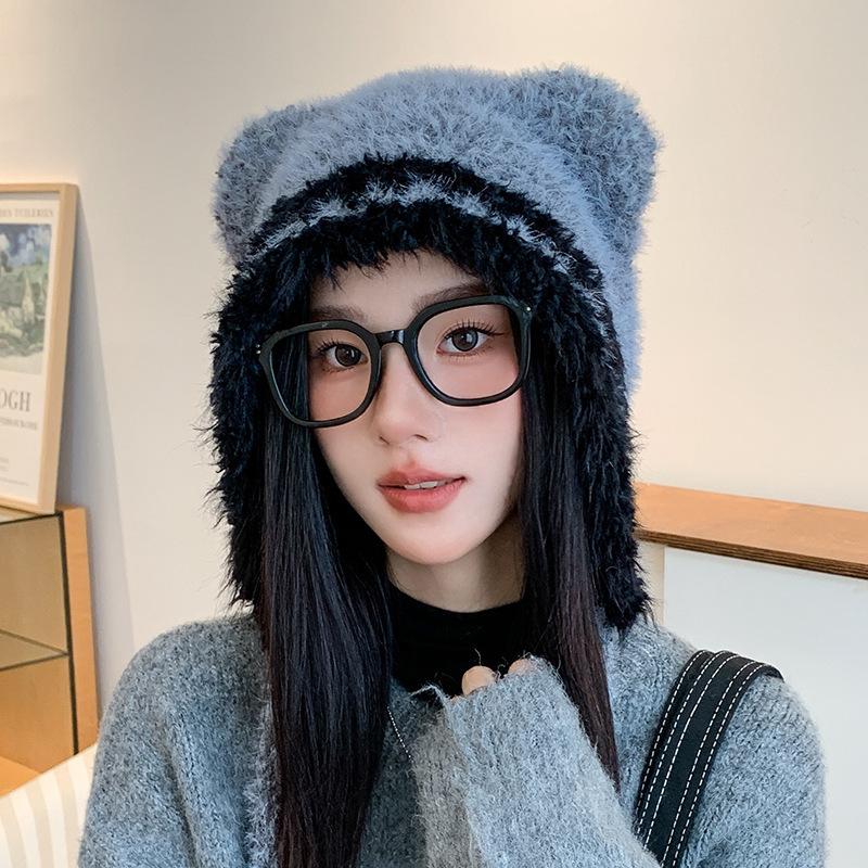 Female autumn and winter cute bear ears plush hat warm windproof cycling ear protection contrasting knitted wool hat