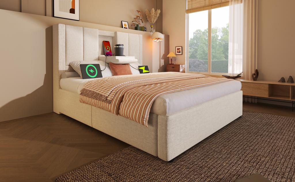 Upholstered Bed 90x200 cm Single with Hidden Cup Holder & Charging Station, Hydraulic with Storage Under the Bed, Linen Beige (Without Mattress)
