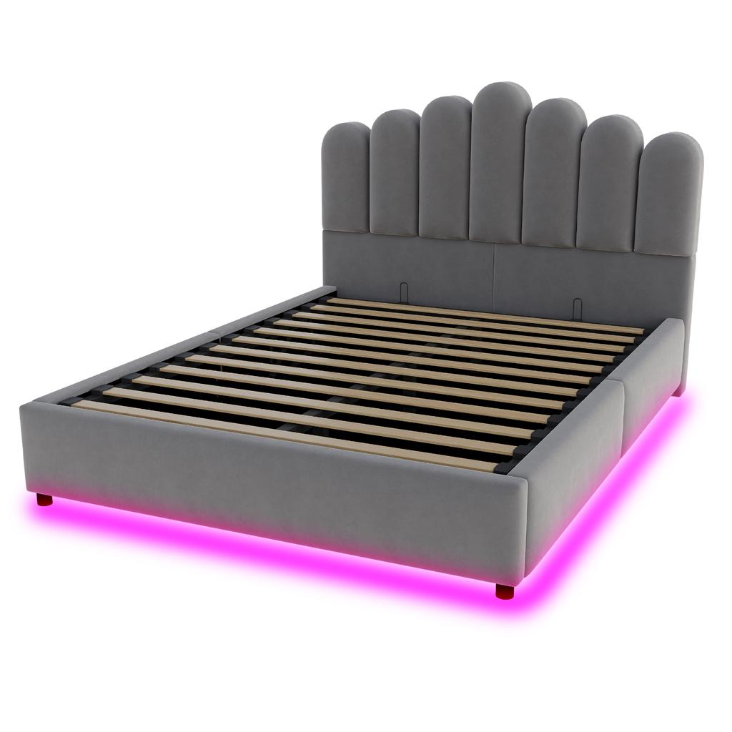 Upholstered Bed 140 × 200 cm With Hydraulic Storage, LED Light Strip, Unique and Comfortable Headboard, Stable Slatted Frame, Velvet Fabric Grey