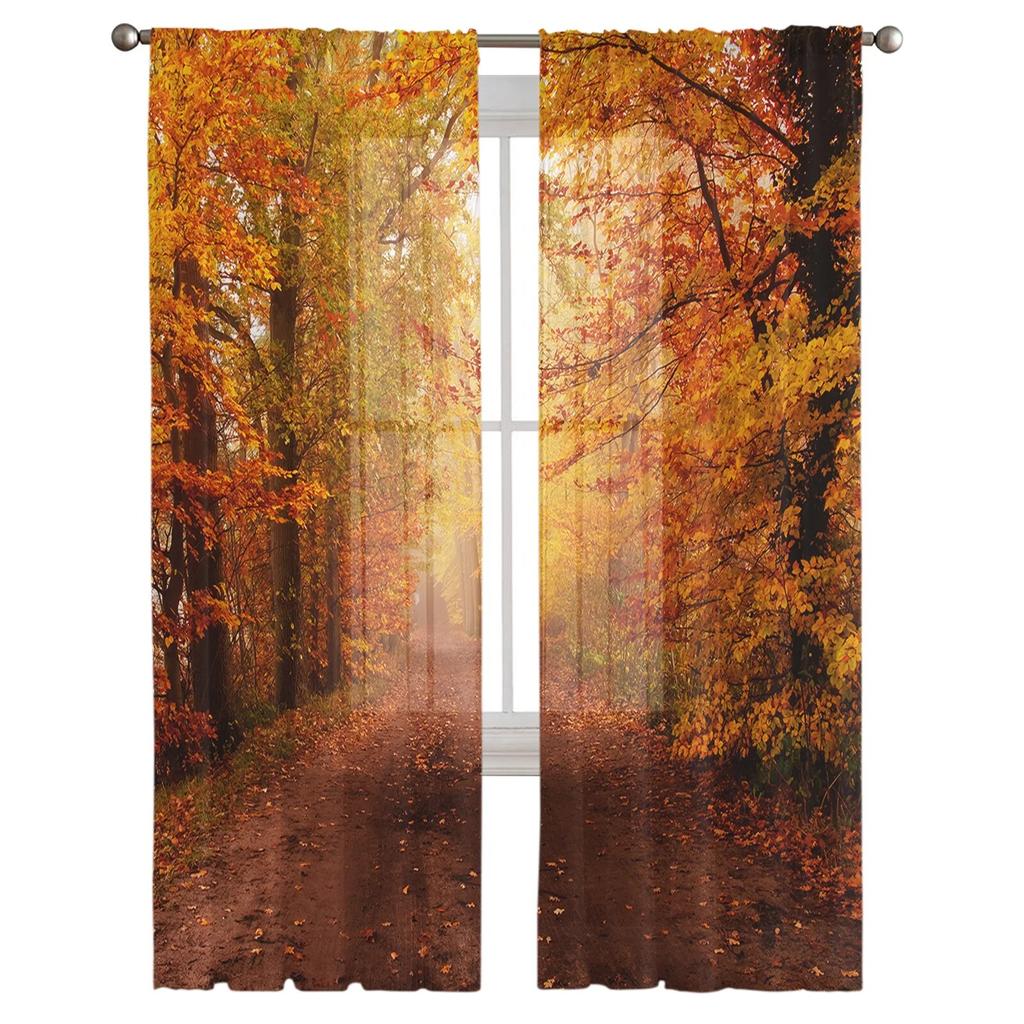Javorové listy Listnatý les Šifon Průsvitné závěsy do obývacího pokoje Domácí dekorace Okno Voál Tyl Závěsy na závěsy