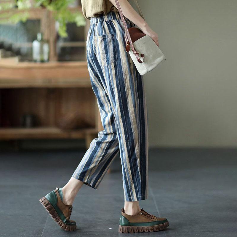 Pants Summer Women Cotton Stripes Pants Plus Size Loose Pajama Pants Versatile Casual Linen Pants