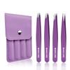 4-piece Stainless Steel Eyebrow Tweezers Purple Set Makeup Tools for Eyelash Extension, Eyebrow Shaping, Hair Removal