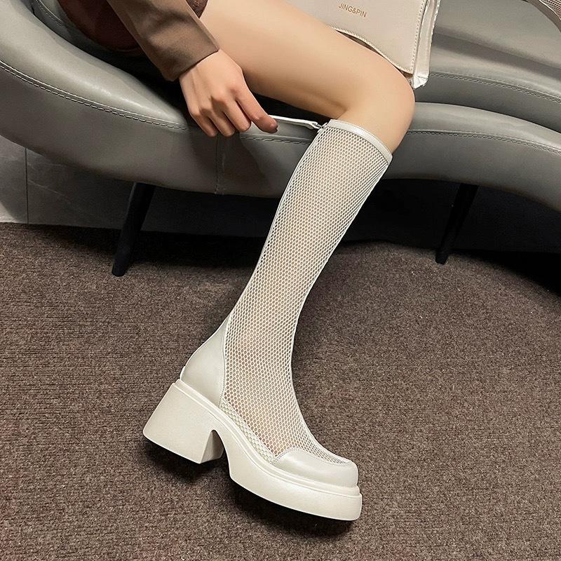 

Summer long cool boots women s 2025 new black mesh thin thick-soled thick-heeled hollow boots increase the popularity 40