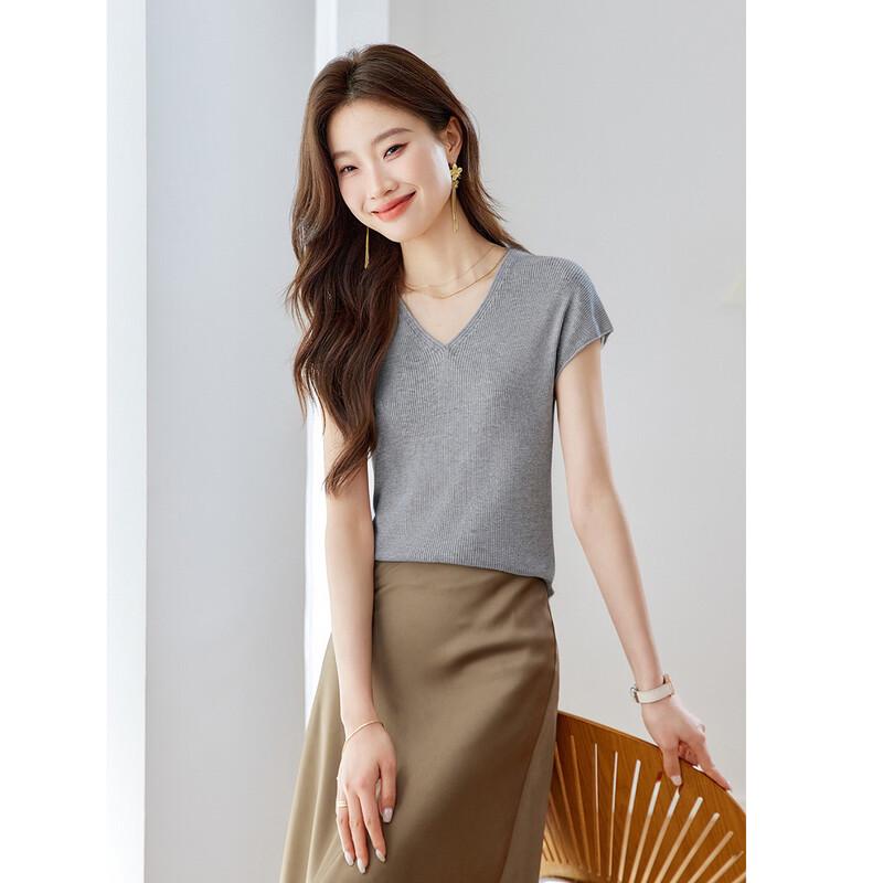 Srcr Women's Thin Merino Wool V-Neck Knit Short Sleeve T-Shirt