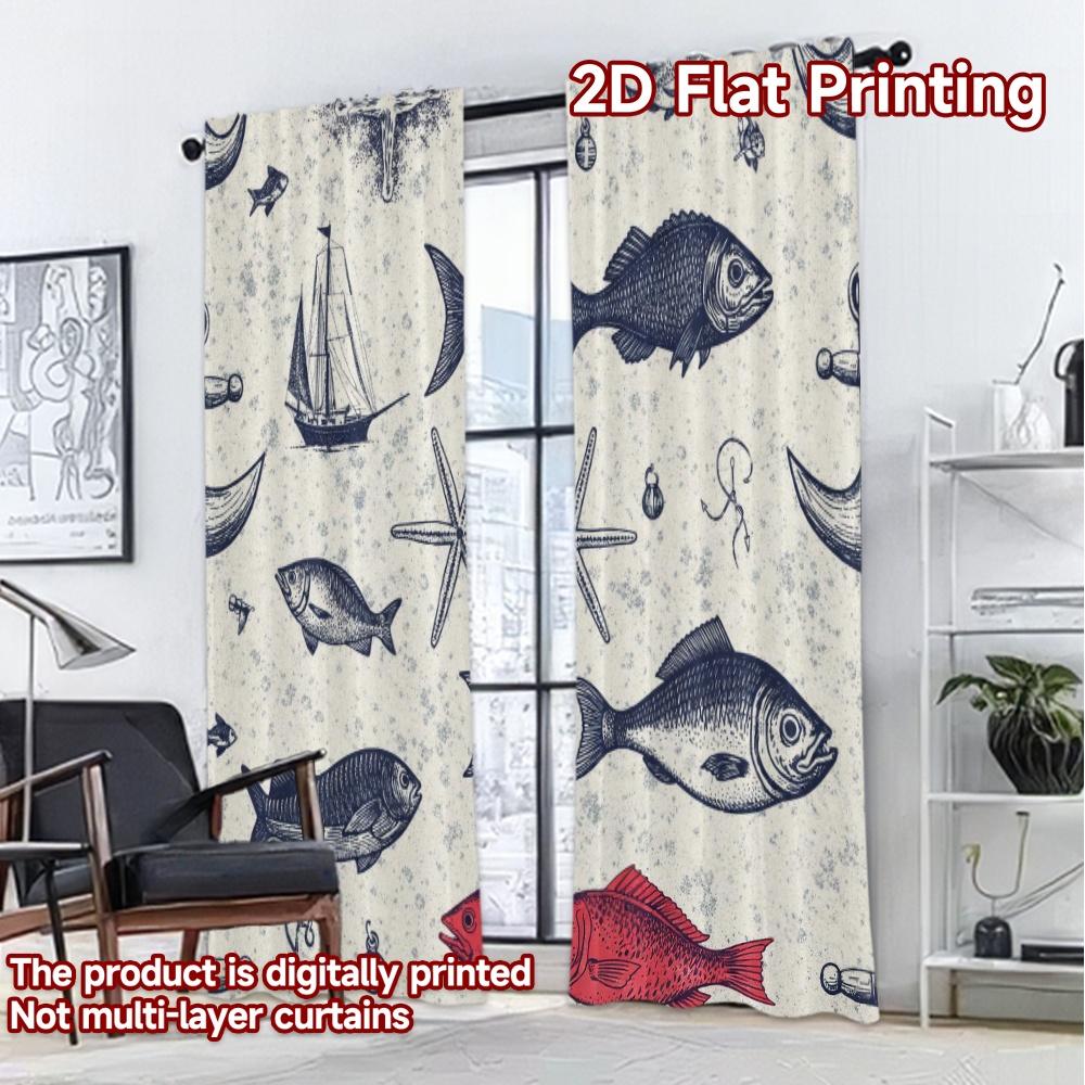 IMPRESSION PLATE 2D 2 pièces Rideaux (Sans Canne) Motif Illustrations de Poissons Nautiques Rideaux Modernes Rideaux en Polyester Art Déco