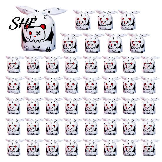 Transparent Cookie Bags with Drawstrings 48 Pcs Halloween Candy Bags, Kids Trick or Treat Goodie Cute Rabbit Small Containers for Party Ear