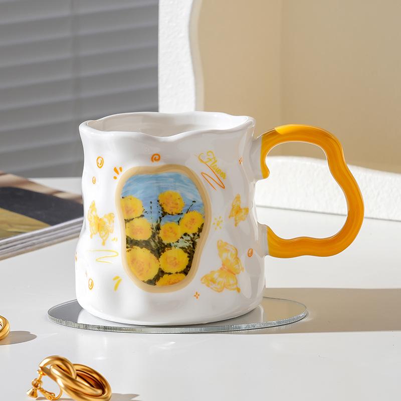 Oil Painting Wind Butterfly Love Flower Mug Coffee Cup Ceramic Water Cup Wind Breakfast Cup Girls Gift Niche