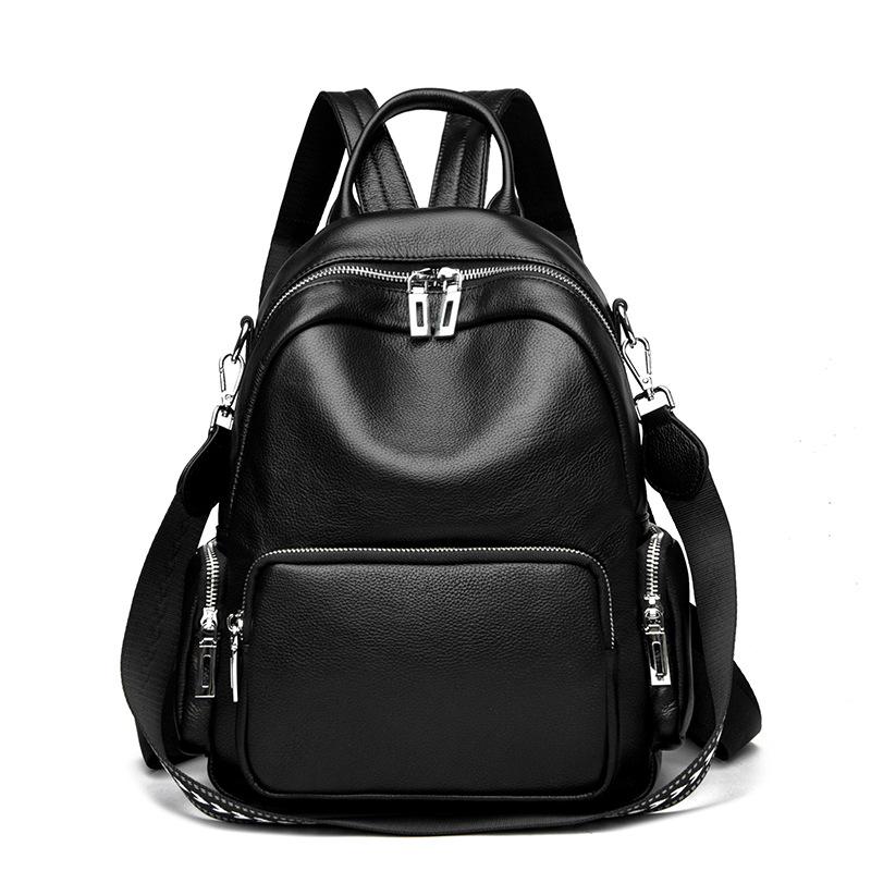 Leather women s bag new fashion casual large capacity backpack first layer cowhide backpack чёрный