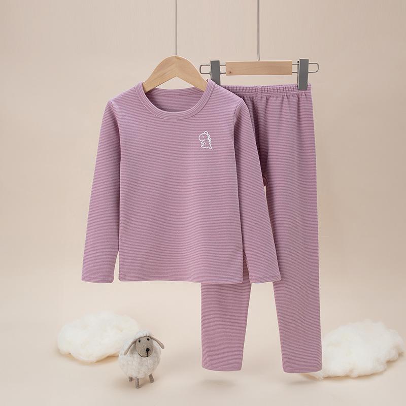 Barns Dubbelsidigt Plysch Termiskt Pyjamas Set - Höst Randig Överdel & Underdel för Pojkar och Flickor