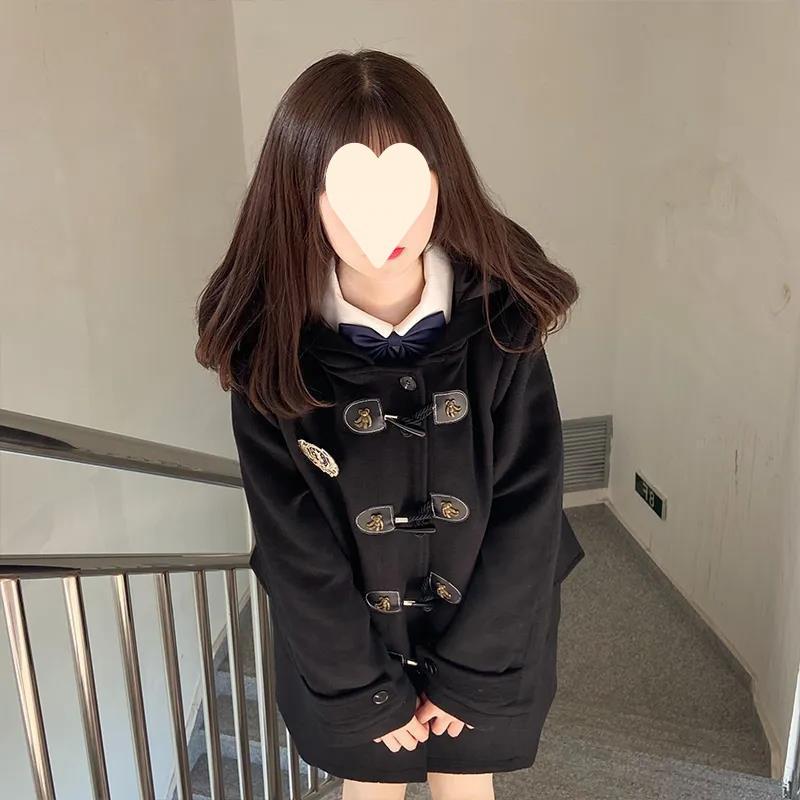College-style Horn-buttoned Overcoat, Women's Jacket, Autumn and Winter Uniform, Short and Casual, Loose, Mid-length Style