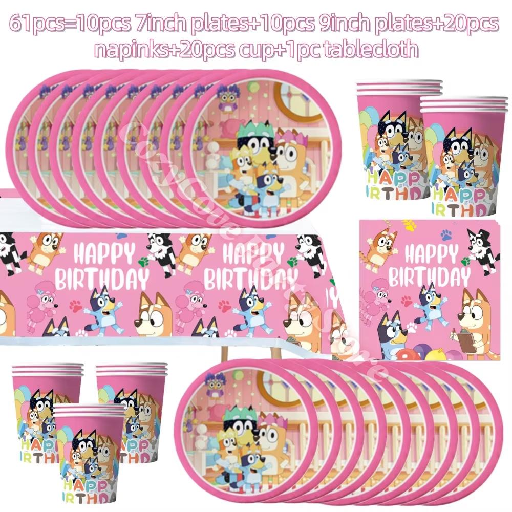 Pink Bluey Birthday Party Decoration Set Bingo Puppy Cup Plate Napkins Balloons For Kids Favors Gifts Photo Booth Baby Shower