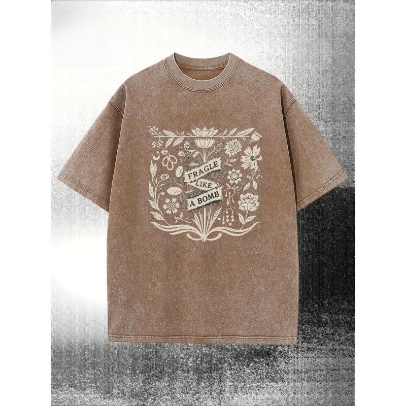 

Vintage Faded Black T-Shirt with Beige Botanical print & FRAGILE LIKE A BOMB Slogan - Batik Cotton Short Sleeve Crew Neck Tee 5XL дубильна кора