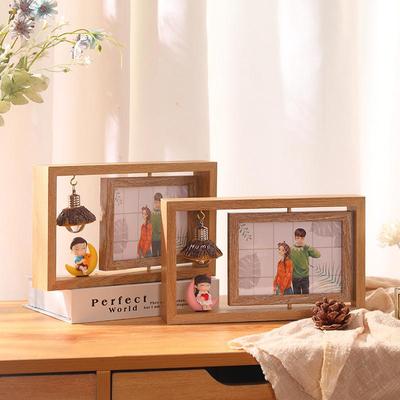 6-Inch Modern Double-Sided Rotating Wooden Photo Frame & Album with Wood Carving Ornament