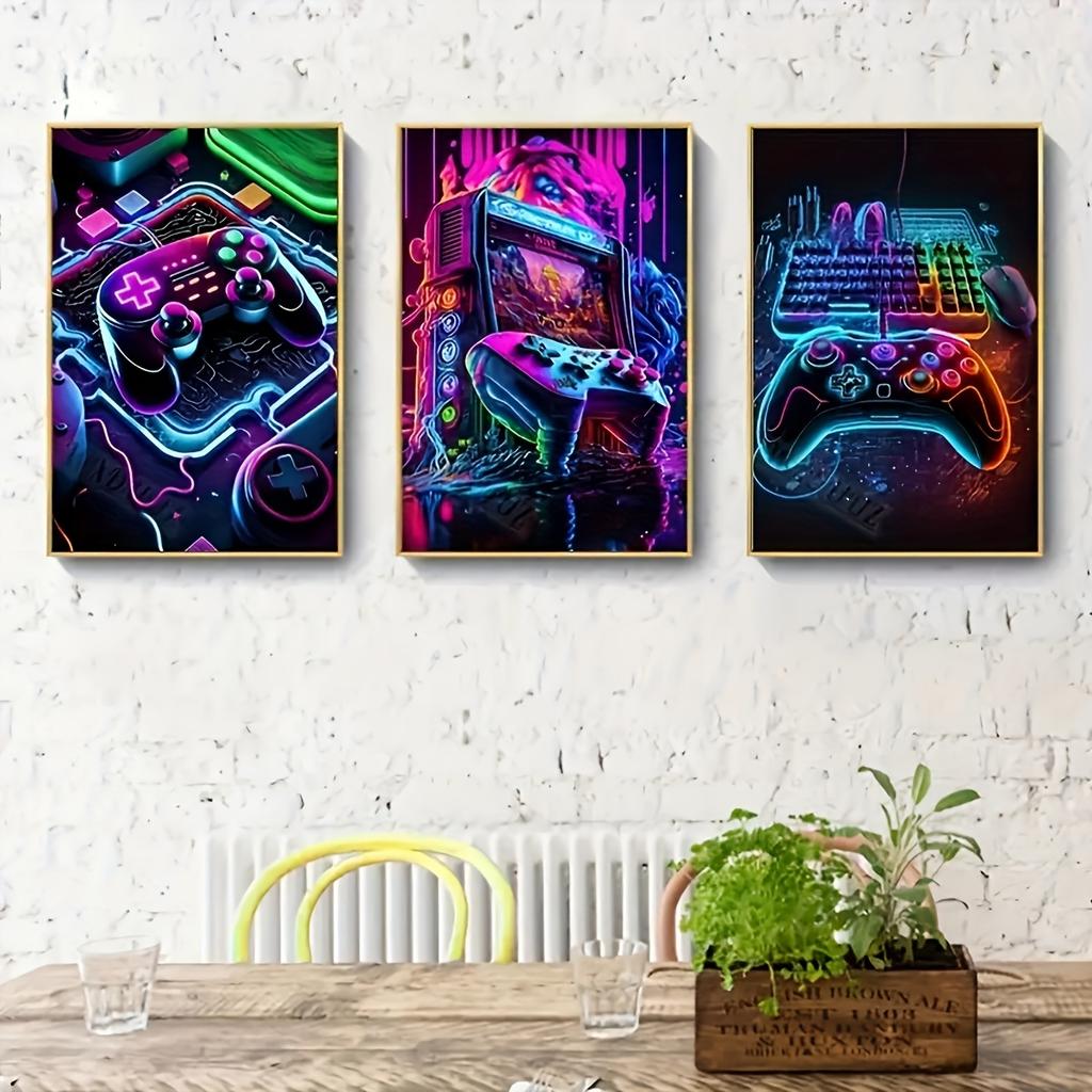 3pcs Vibrant Neon Game Console Canvas Art Print Set - Frameless, Colorful Gaming Wall Decor for Living Room, Bedroom, Office, Ki