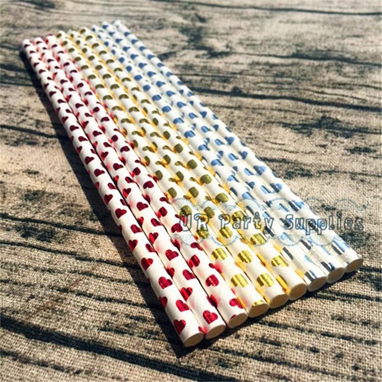 25Pcs/Bag Happy New Year Drinking Paper Straws Heart Foil Disposable Paper Staw Happy Birthday