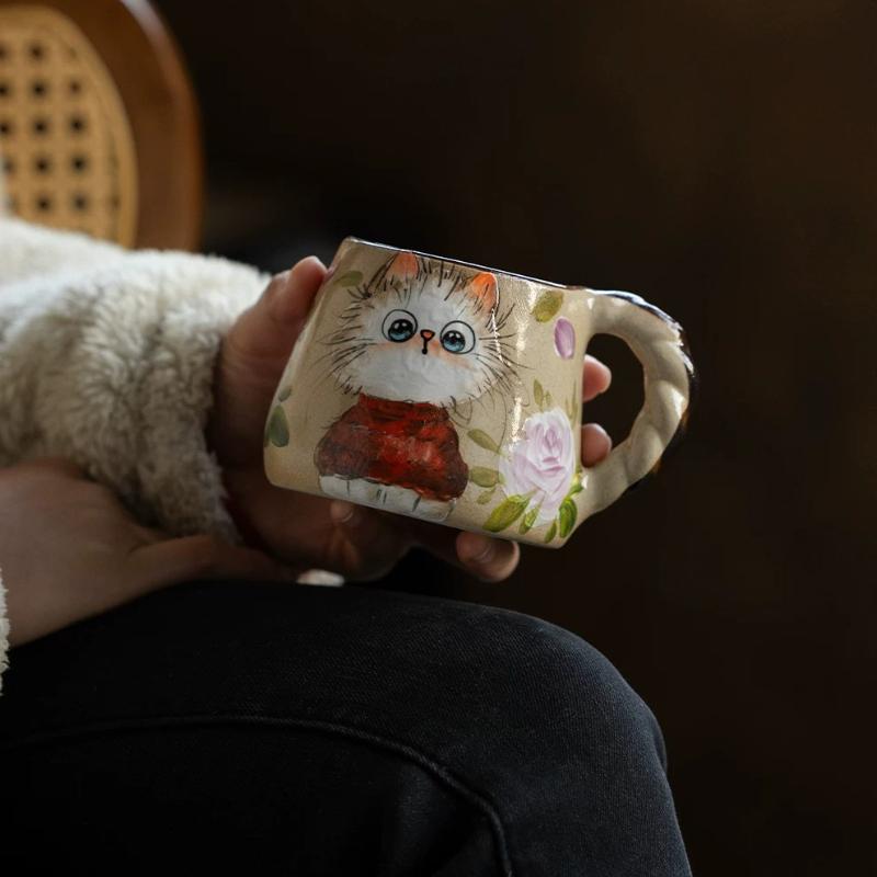 Cute Cat Ceramic Mug,Vintage Hand-Painted Ceramic Mug, Retro Floral Coffee Cup, Handmade Art Teacup for Home Office