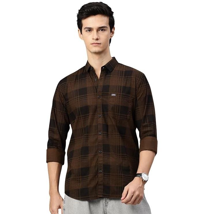 Man s Stylish Slim Fit Cotton Spread Collar Checked Casual Shirt - Dark Brown S